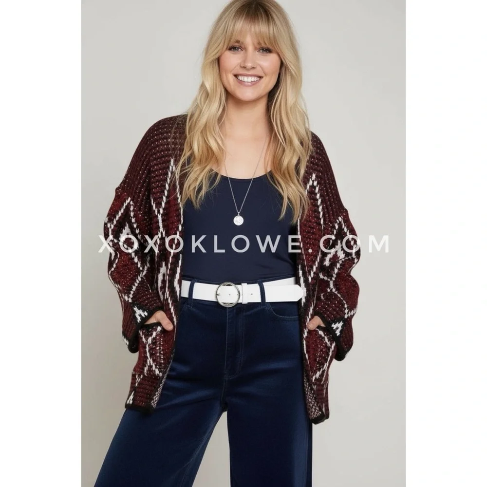 POL Burgundy Diamond Pattern Cardigan | Southwestern Chunky Knit Relaxed Fit - Picture 9 of 9